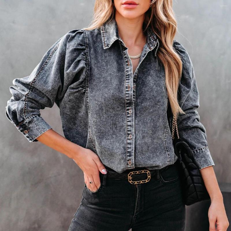 

Women's Blouses Vintage Long Sleeve Denim Shirt Women Autumn Winter Jacket Office Ladies Puff Streetwear Casual Blouse Tops, Gray