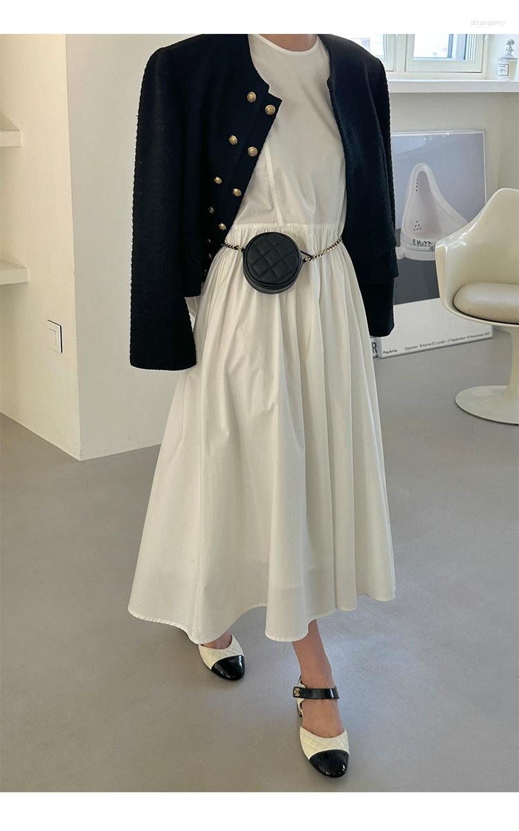 

Casual Dresses Spring Women's Solid Round Neck Long Sleeve Pleated Design Dress, Black