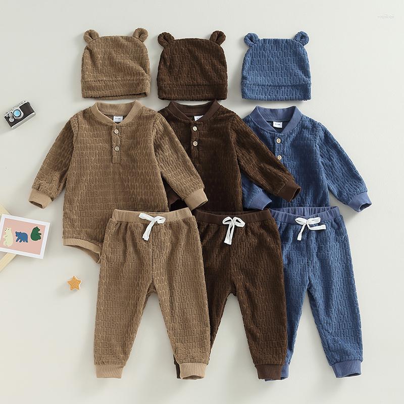 

Clothing Sets 0-18M Baby Boys Autumn Outfits For Born Toddler Letter Pattern Long Sleeve Romper Pants Hat 3Pcs Infant Clothes, Khaki