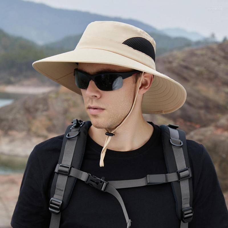 

Berets Sun Hat Wide Brim Breathable Mesh Drawstring Windproof Protection Quick Drying Summer Anti-UV Fisherman Cap Outdoor Supplies, Black