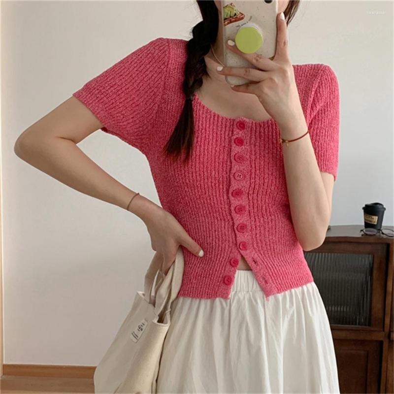 

Women's Knits Alien Kitty Skinny Sweaters Short Sleeve Summer Chic 2023 Girls OL Solid Gentle Slim-Fit Fashion Knitted Streetwear Tees, Pink