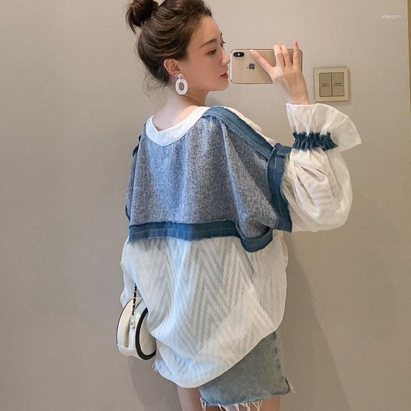

Women's Blouses Korean Chiffon Loose Patchwork Shirt Tops Spring Summer Long Sleeve Versatile Thin Blouse Fashion Trend Women Clothing, Blue