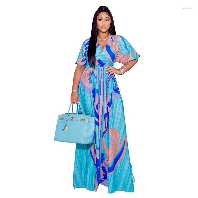 

Ethnic Clothing African Dresses For Women Traditional Printed V-Neck Short Sleeve Tunic Long Dress Fashion Style Big Swing Robe Africaine