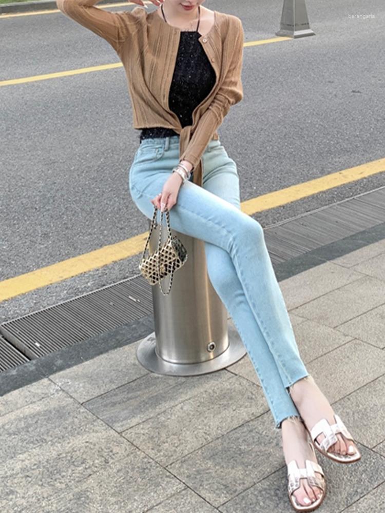 

Women's Jeans Casual High Waist Female Dark Blue Pocket Flared Trousers 2023 Summer Korean Fashion Clothing