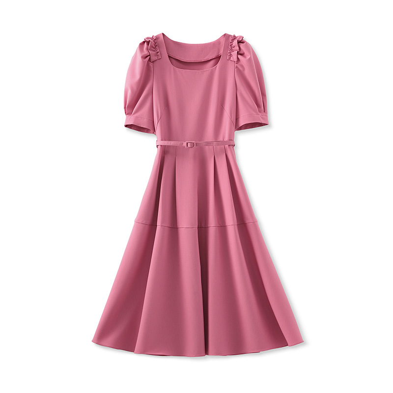 

2023 Summer Pink Solid Color Waist Belted Dress Short Sleeve Square Neck Knee-Length Casual Dresses W3L045905