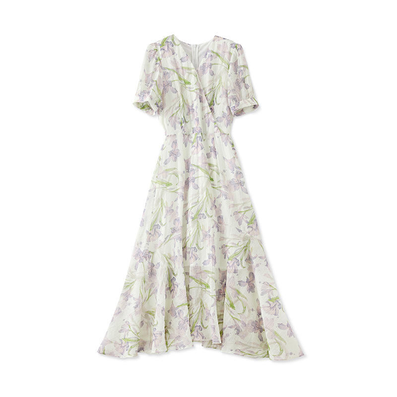 

2023 Summer PurpleFloral Print Dress Short Sleeve V-Neck Midi Casual Dresses W3L049203, Purple