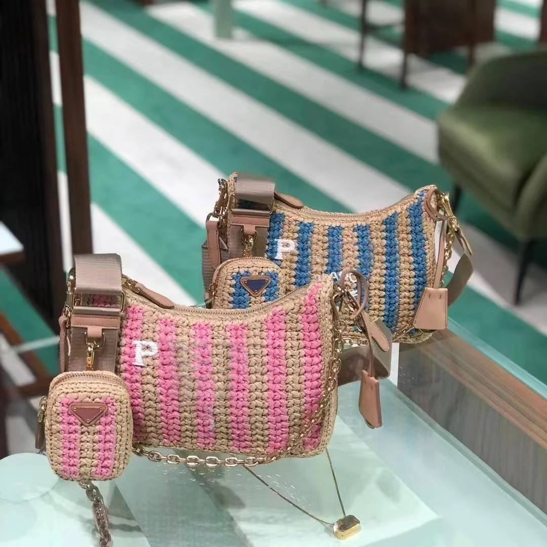 

Designers cosmetic bags Raffia classic triangle travel half moon bag straw totes clutch prad handbags Hobo Womens Wallets cross body Shoulder strap mens Evening bag, 1-green stripes