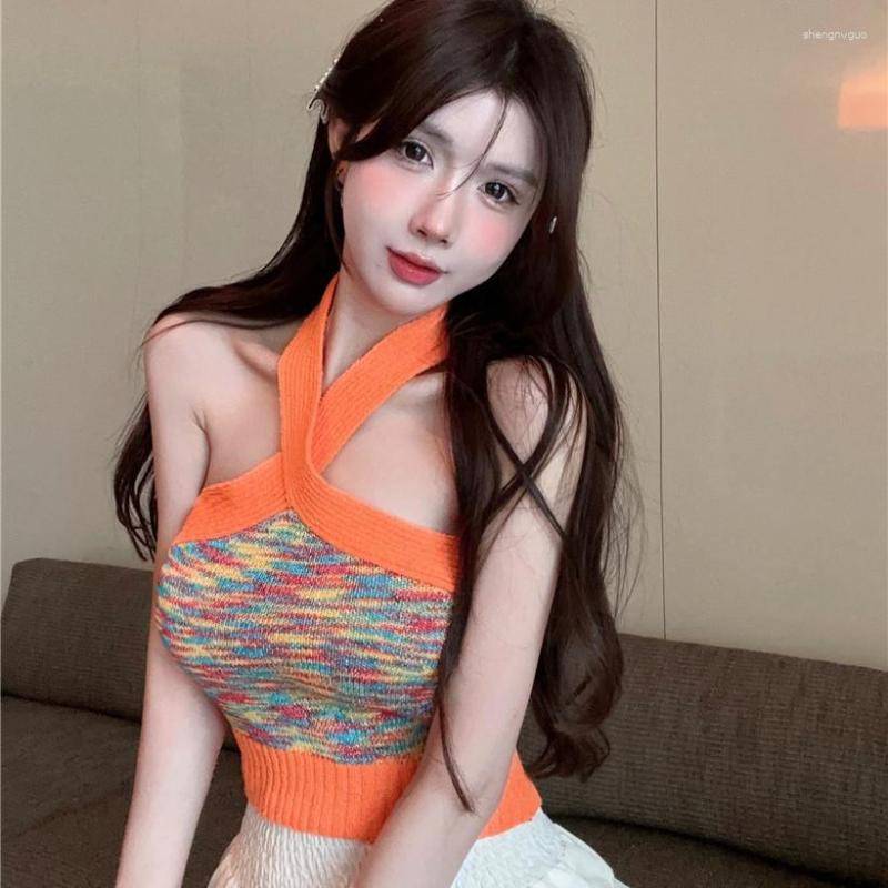 

Women' Tanks Small Suspenders Outside Wearing Bandeau Beauty Back Top Women' Summer Short Design Sense Halter Neck Ice Silk Bottom, Orange