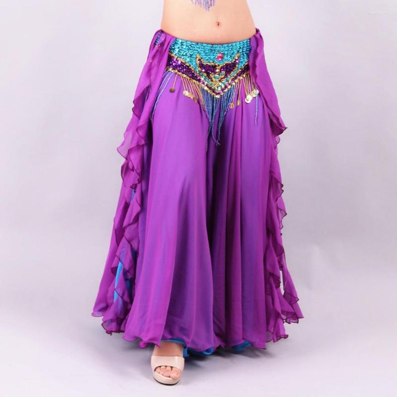 

Stage Wear Belly Dance Skirts Women Floor-Length 2 Layer Chiffon Costume Skirt Oriental Bellydance(Without Belt), Pink turquoise