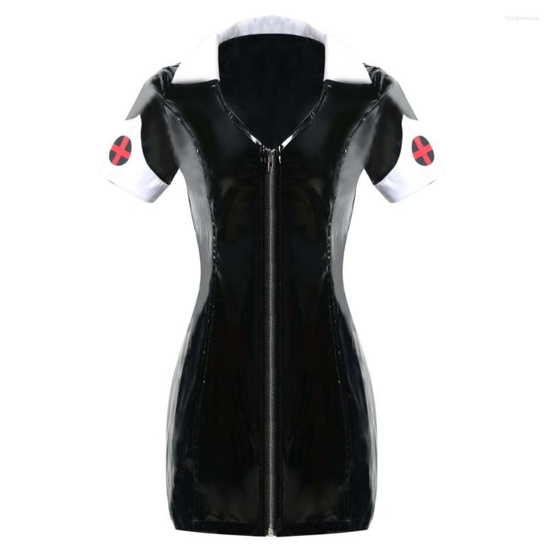 

Casual Dresses Sexy Exotic PVC Leather Vinyl Mini Dress Women Black Wet Look Cross Sheath Zipper Above Knee