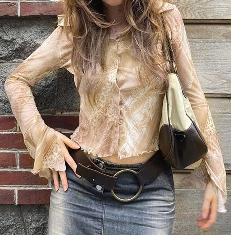 

Women' T Shirts Y2K Women' Lapel Collar Vintage Printing Long Sleeve T-Shirts Clothes Autumn Sexy V Neck Lace Print Button Down Tee