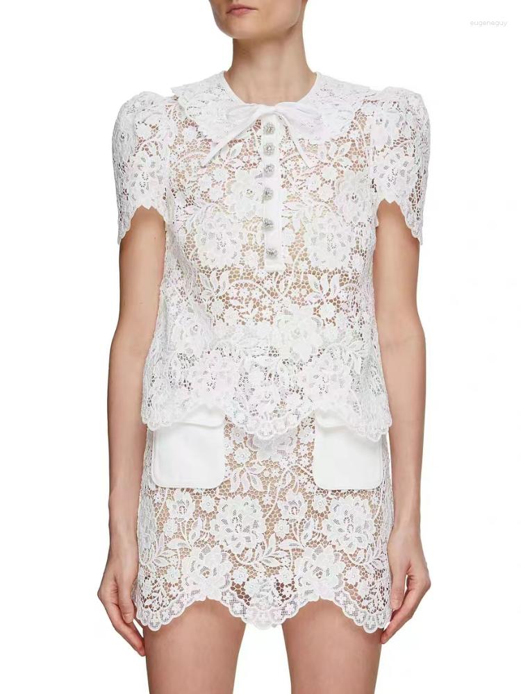 

Women' Blouses 2023 Summer Women Retro Lace Crochet Elegant Short-sleeved Shirt/skirt Of The Same Style