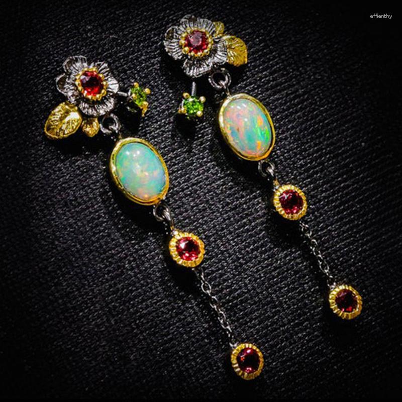 

Dangle Earrings Exquisite Plant Leaf Flower Fire Opal Long Tassel Ladies Black Gold Two-color Metal Red Rhinestone Earring Gift