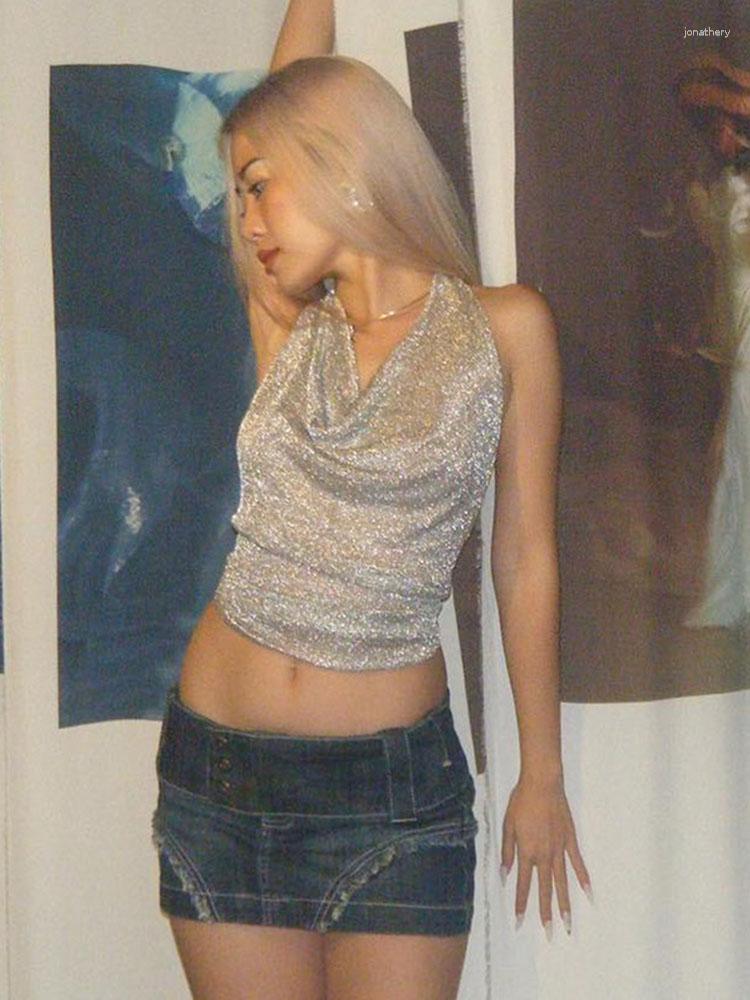 

Women' Tanks HBYTE Autumn Women Bling Glitter Sequins Sexy Clothes Lace Up Sleeveless Backless Halter Crop Top Korean Fashion Vintage, Silver