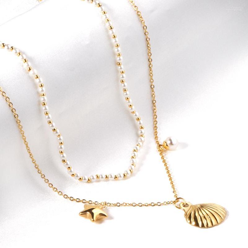 

Pendant Necklaces Retro Gold Color Stainless Steel Women 2023 Imitation Pearl Drop Multilayer Chains For Beach Style Cubic Shell