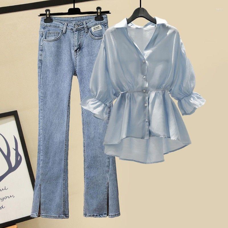 

Women's Two Piece Pants Large Size Women's Sunscreen Suit 2023 Summer Slightly Fat Sister Foreign Style Thin Split Micro Horn Jeans, Blue coat