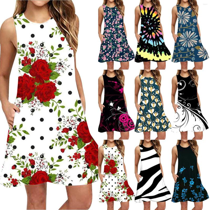 

Casual Dresses Bohemian Women Fashion Summer Beach Dress Sexy Floral Mid-Length Camisole 3d Printing, Blue