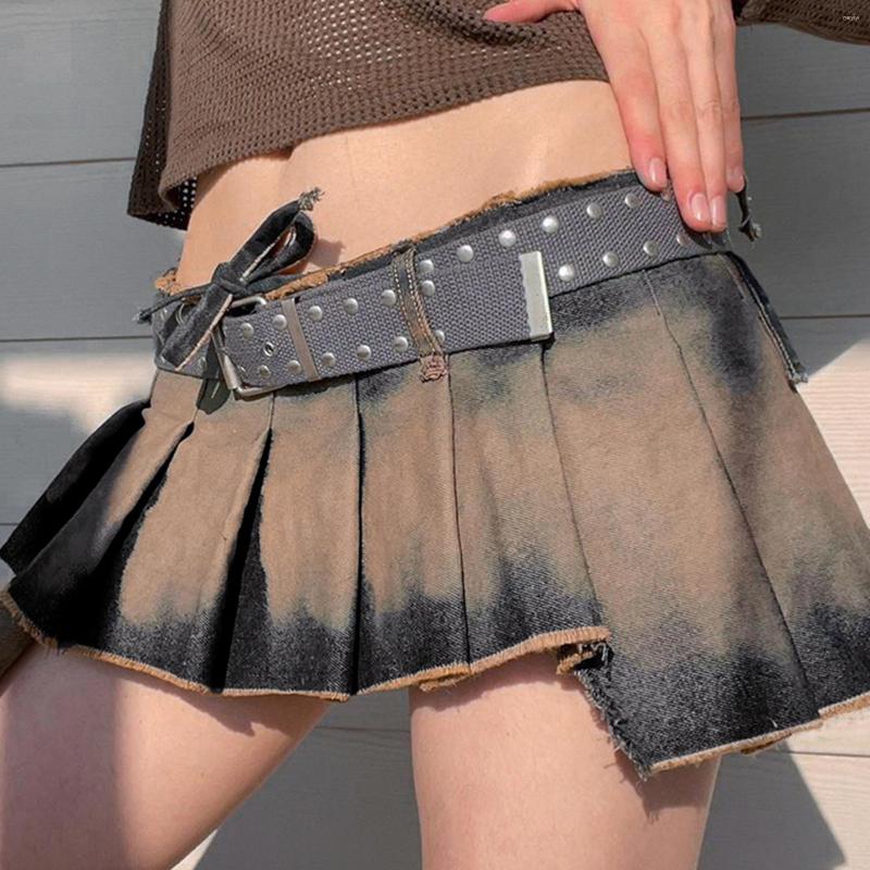 

Skirts Women Irregular Pleated Lace-Up A-line Y2K Short Mini Denim Fashion European Summer Fairy Punk Outfits, Blue