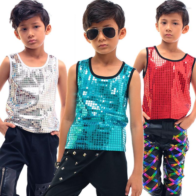 

Stage Wear Children Jazz Sequined Vest Boys Performance Costume Kids Hip Hop Clothing Modern Dance Costumes DQS2783, Black t
