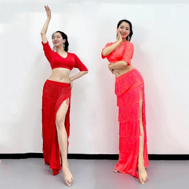 

Stage Wear Ethnic Oriental Belly Dance Set Milk Silk Fluorescent Training Clothes Bat Sleeve Top Five Layer Tassel Long Dress 2023, Red belly dance