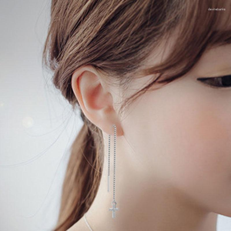 

Dangle Earrings S925 Silver Korean Style Cross Drop Female Long Line Platinum Plated Stud Wholesale