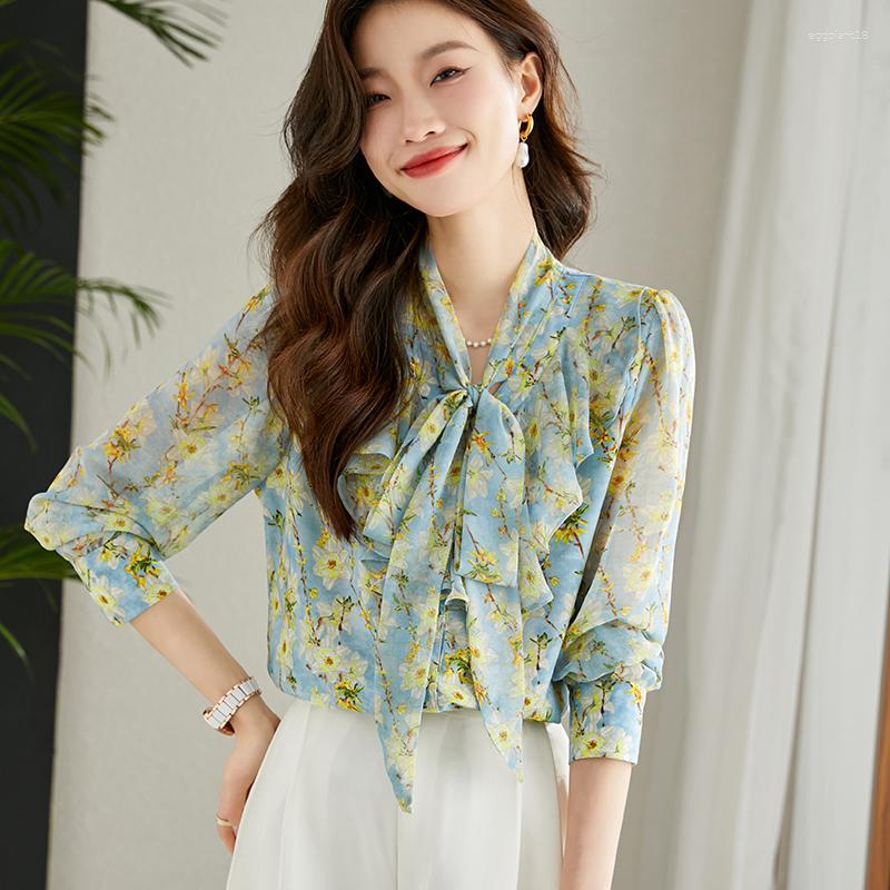 

Women's Blouses High End Women's Bow Collar Silk Shirts 2023 Spring Flowers Print Chiffon Clothes Ladies Long Sleeve Printing Blouse, Blue