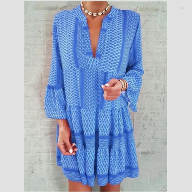 

Casual Dresses 2023 Women Mini Loose Dress Indie Boho Long Sleece V-Neck Beach Printed Pleated Party Oversized Vestidos, Blue