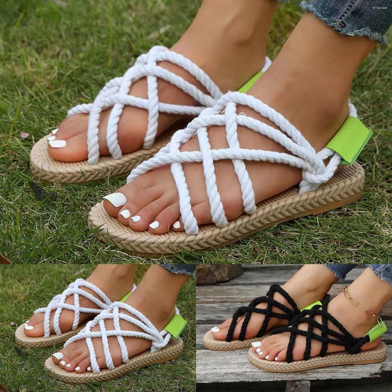 

Sandals Ladies Summer Simple Straw Bottom Flat Rope Casual Fashion Beach Large Size Womens Dress, Black