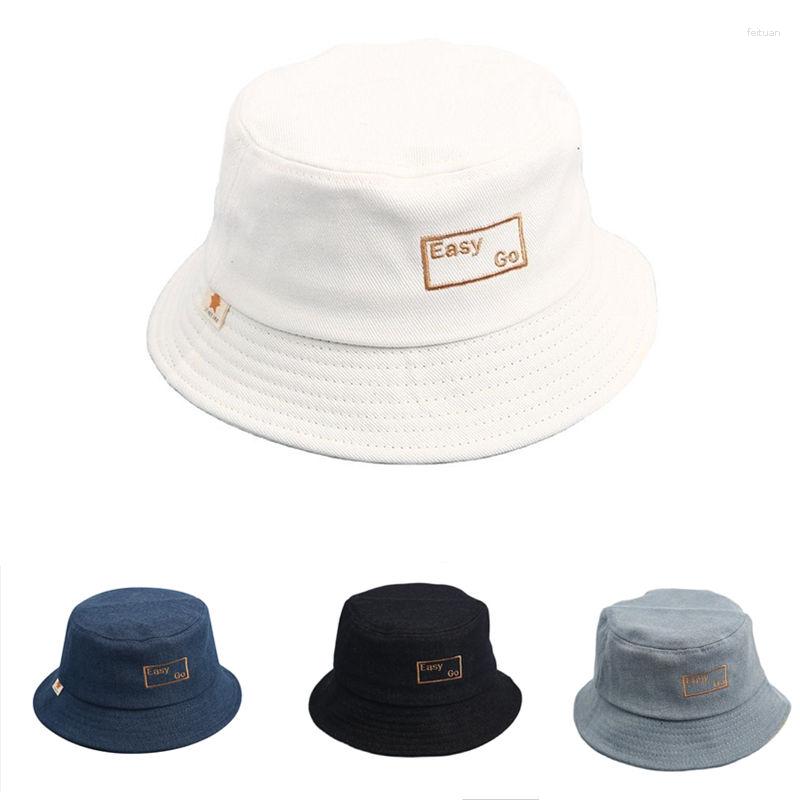 

Berets 2023 Letter Embroidery Denim Bucket Hat Fisherman Outdoor Travel Sun Cap For Children Boys And Girls, White