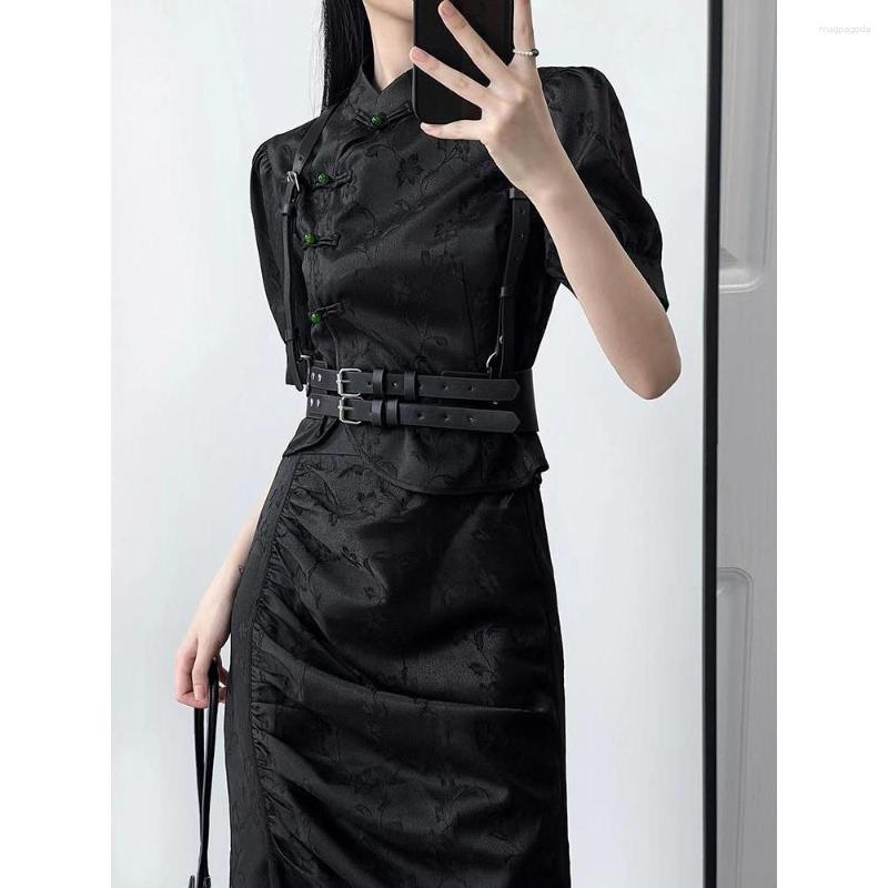 

Ethnic Clothing Chinese Style Qipao Suit Sexy Black Jacquard Dress Improved Cheongsams Women Summer Gothic Dark Vestidos