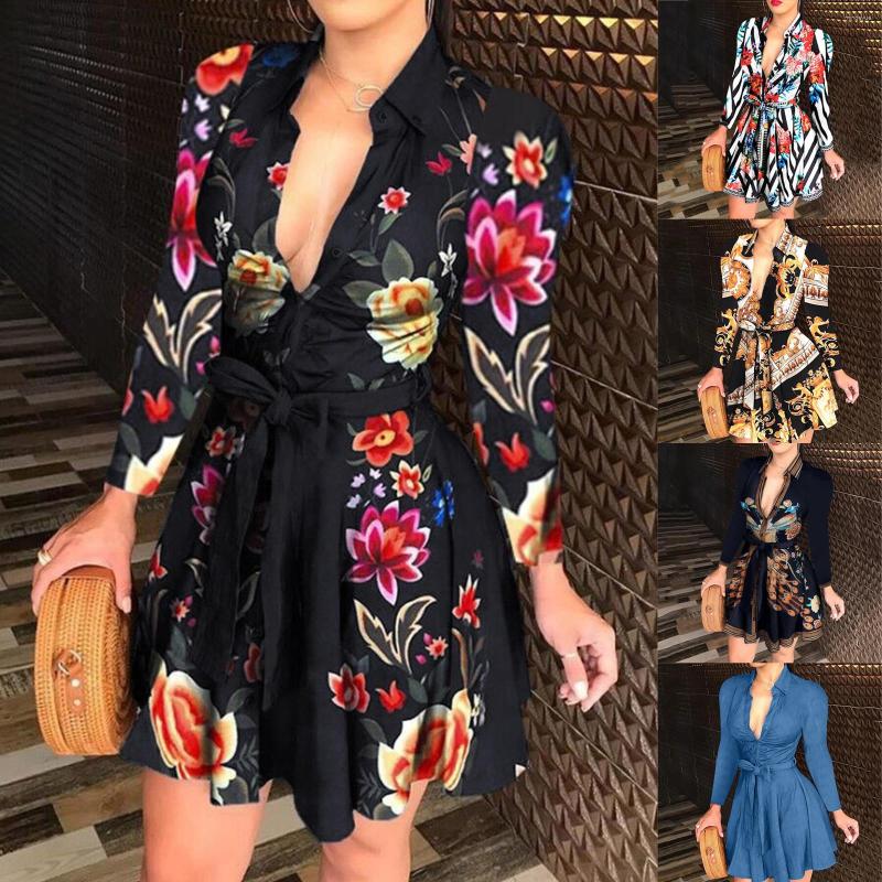 

Party Dresses Elegant Lace-up Mini Womens Summer Fashion V-neck Long Sleeve Vintage Print Buttons Casual Vestidos Mujer Z, Bu