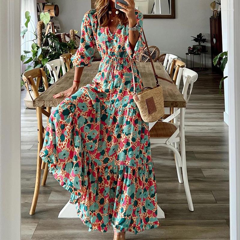 

Casual Dresses SKMY 2023 Summer Bohemian Vacation Outfits Women Clothing Fashion V-Neck Long Sleeve Printed A-Line Evening Dress Party, Picture shown