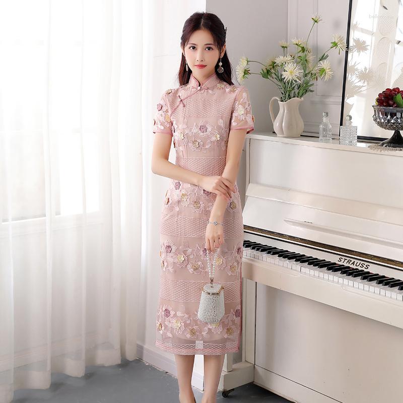

Ethnic Clothing 2023 Summer Lace Floral Dress Short Sleeve Long Cheongsam Qipao