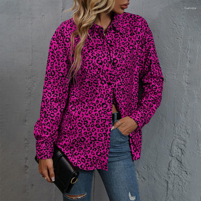 

Women' Blouses Spring And Summer Leopard Print Lapel Corduroy Casual Shirt Top, Rose red