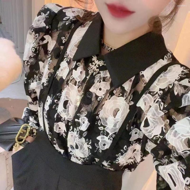 

Women's Blouses Fashion Puff Sleeve Printed Button Loose Ruffles Chiffon Shirt Summer Casual Tops Commute Women's Clothing Blouse A475, Black