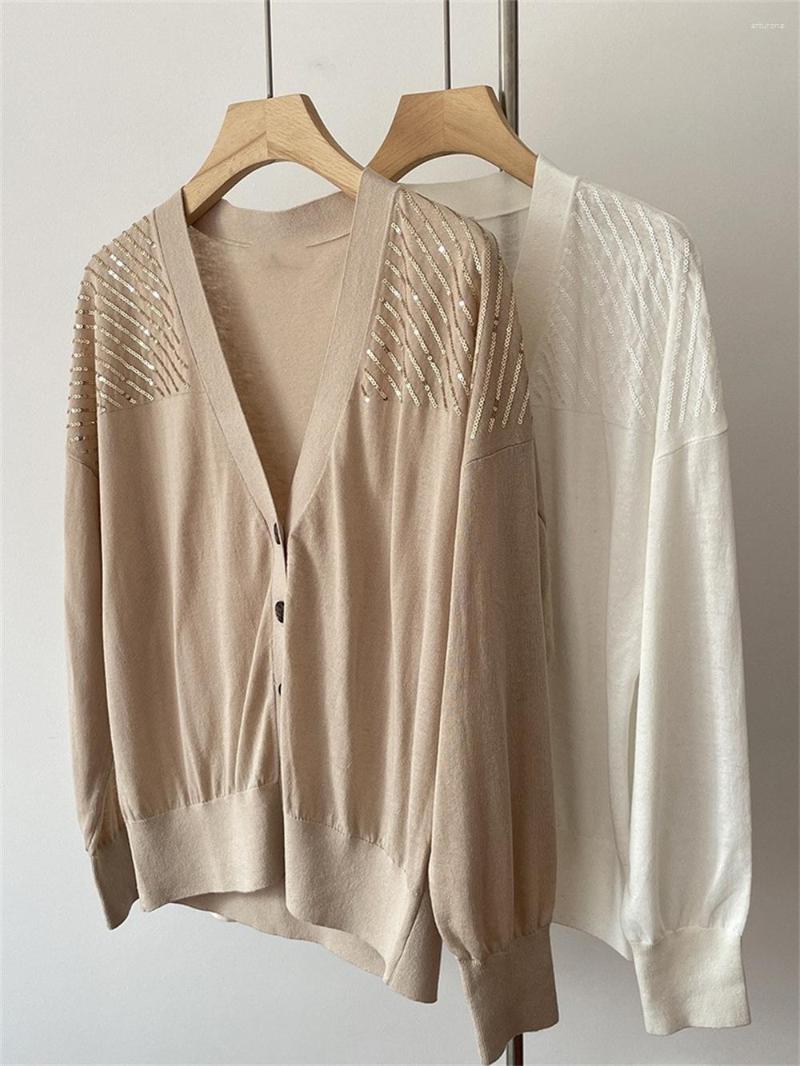 

Women' Jackets Women Shoulder Sequin Solid Color Cardigan 2023 Spring Ladies V-Neck Long Sleeve Single Breasted Linen Sweater Coat, White