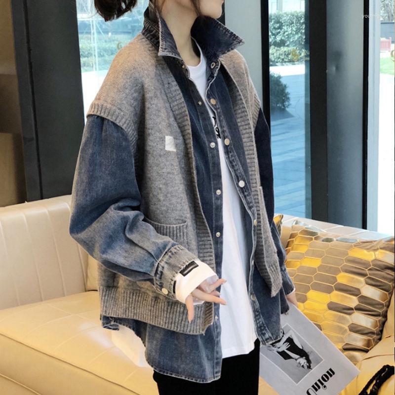 

Women's Jackets 2023 Autumn High Quality Lapel Long Sleeve Fake Two Piece Knitted Denim Jacket Women Patchwork Loose Coat, Blue