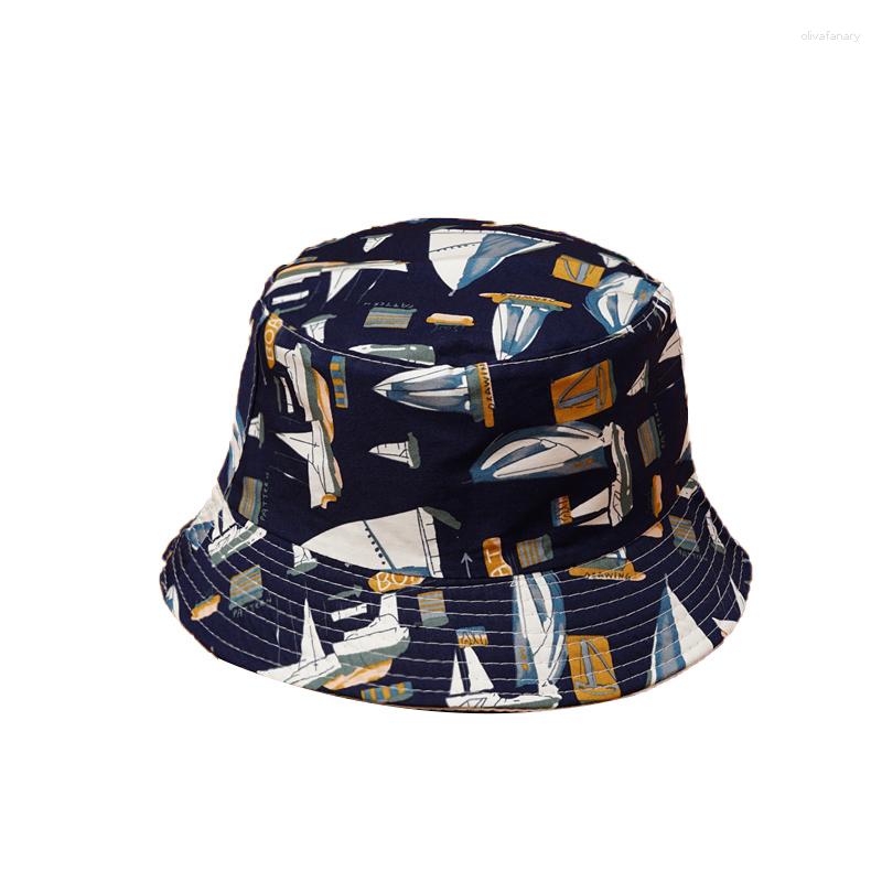 

Berets Women Men Beach Hat Casual Tree Boat Print Summer Sun Bucket Hats Cotton Hip Hop Cap Vacation Accessories
