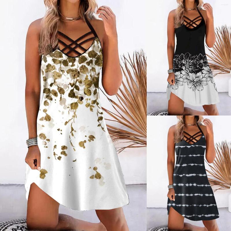 

Casual Dresses Women Vintage Daily Summer Sleeveless Lace Up Pullover Dress Print Hollow Out V Neck Sundress For Party, Black