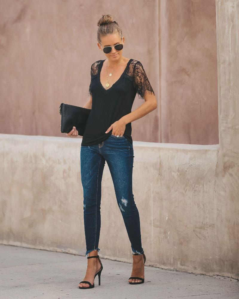 

Women's T Shirts Black Top Shirt Dames Lace Streetwear Office Ladies Tops Casual Tshirt Women Femme Summer Short Sleeve 2023