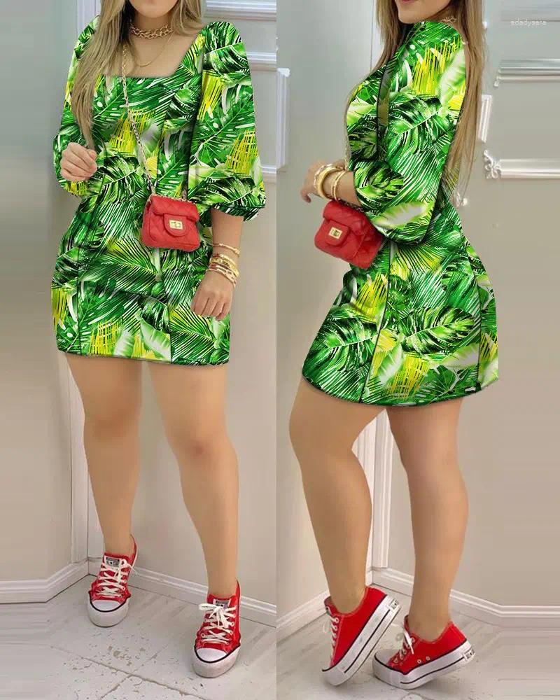 

Casual Dresses Puff Lantern Sleeve Tropical Print Dress