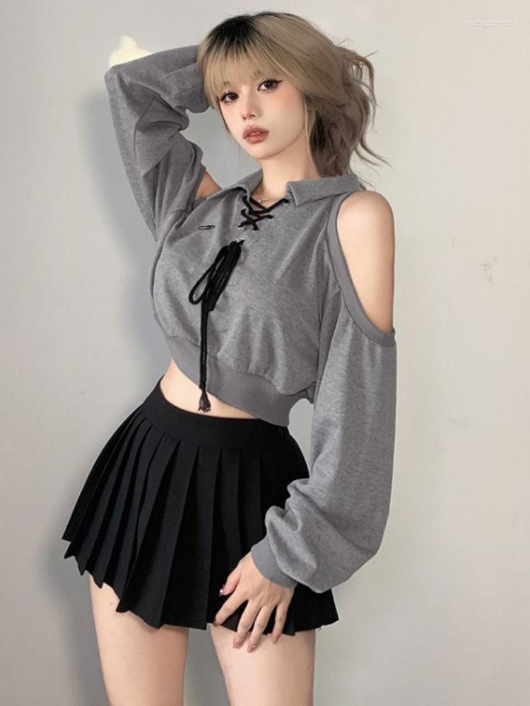 

Women' Hoodies 2023 Spring Long Sleeve Hoody Vintage Harajuku Turn Down Collar Sweatshir Hollow Out Bandage Off Shoulder Cropped Women, Gray