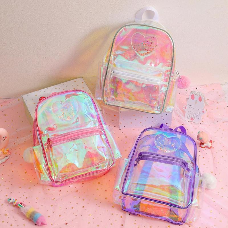 

School Bags Transparent Backpack Adjustable Shoulder Strap Large Capacity Waterproof Heart Pattern Girls Teenage Book Bag Stationery, Pink