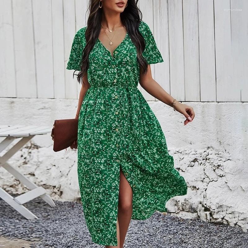

Party Dresses Vintage Maxi Dress Women Floral Print Summer Beach Casual L High Waist Button Bohemian Long Ladies Holiday Vestidos, Black