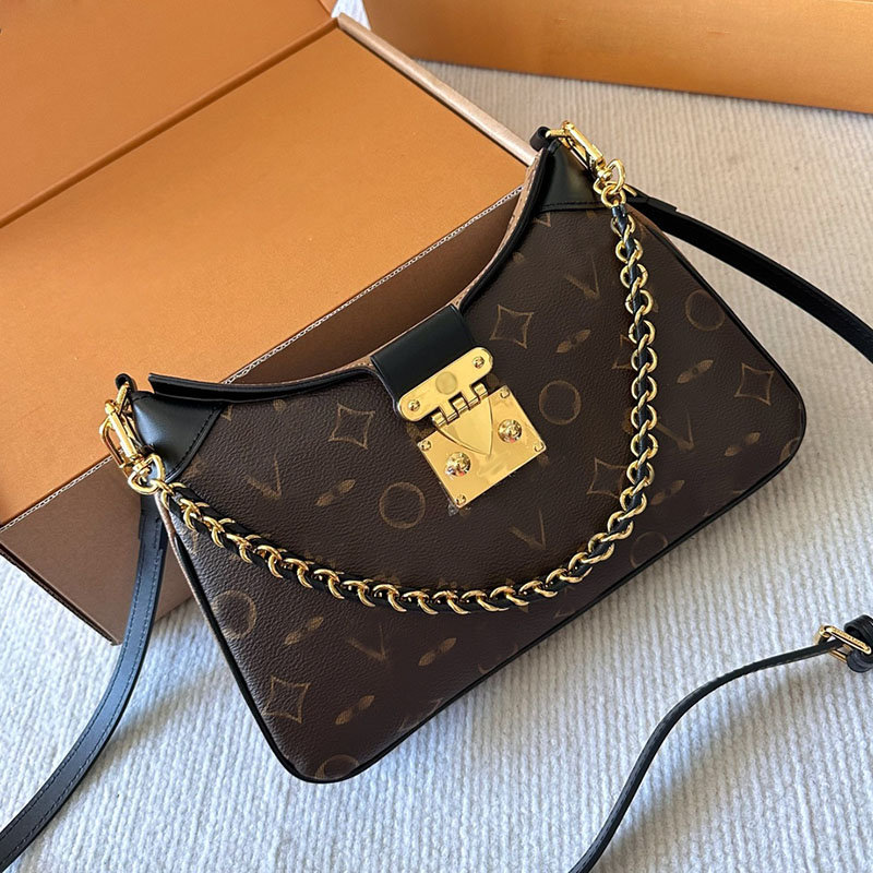 

Classic Old Flower Women Designer Flap Bag Woven Thick Chain Gold Metal Hardware Lock Removable Leather Strap High Capacity Luxury Fashion Trends Sacoche 27x14cm, Brown