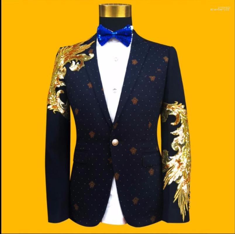 

Men's Suits Men's M-3xl Men Slim Fashion Personality Wool Paillette Blue Formal Dress Suit Printing Blazers Coat Singer Stage Costumes, A style