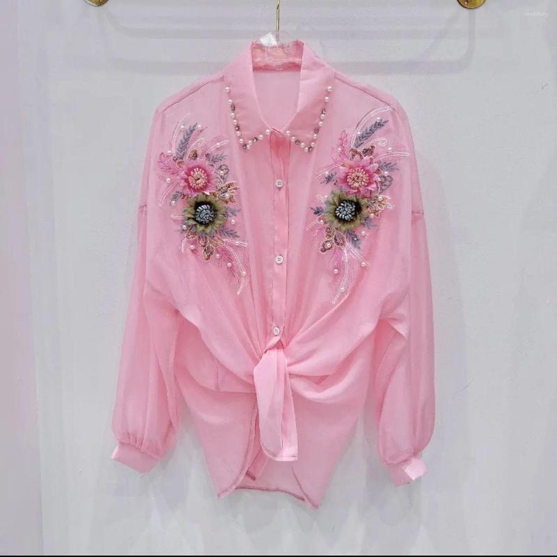 

Women's Blouses Women Shirts Flower Sunscreen Shirt Women's Heavy Industry Spring And Summer Sweet Loose Top Trend Female Clothing, Pink