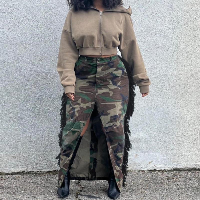 

Skirts Fashion Camouflage Washed Denim Tassel Long Skirt Women Sexy High Split Slim Cargo Y2k Streetwear 2023 Casual Maxi