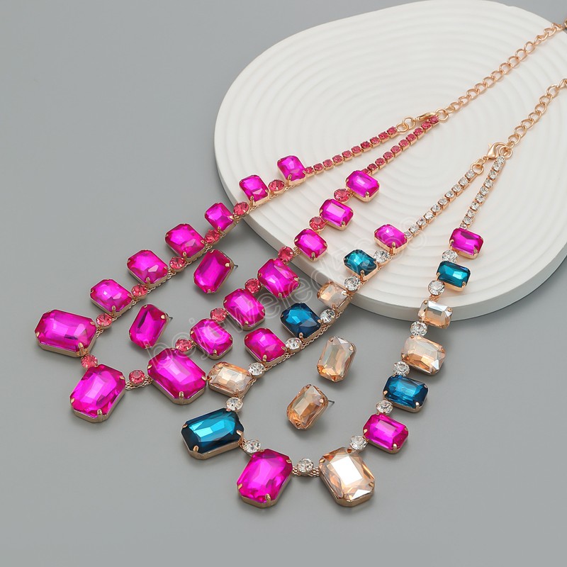 

Summer Metal Glass Geometry Necklace Earring Set Wedding Banquet Fashion Jewelry Women's Charm Accessories Gift, As picture