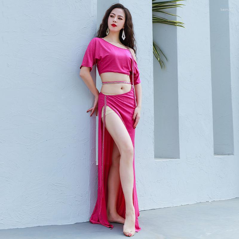 

Stage Wear Belly Dance Suit Leaky Shoulder Top Slit Long Skirt Sequin Practice Set Female Adult Elegant Performance, White